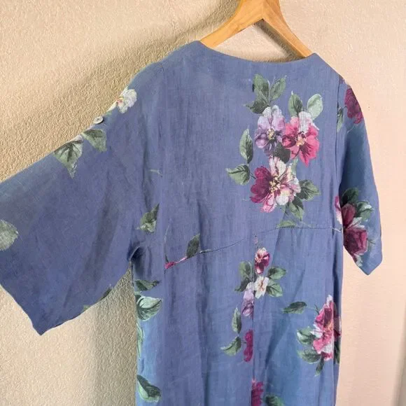 VASNA Lagenlook Linen Dress Blue Floral Made in Italy Oversized Pockets Boho M - Picture 11 of 13
